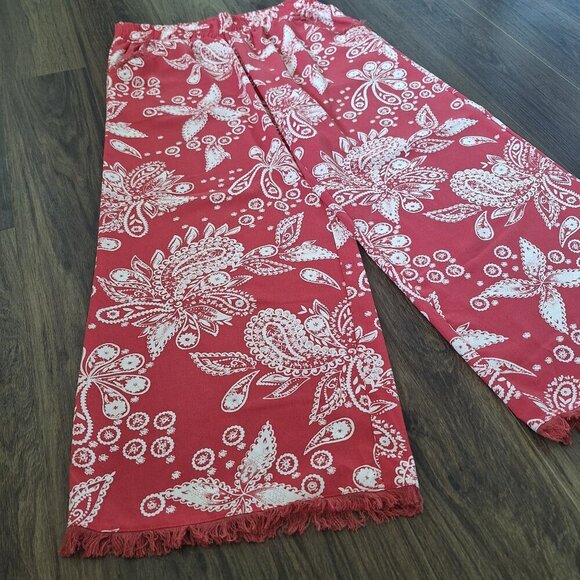 💙 Umgee Wide Leg Flowy Fringe Floral Linen Blend Size L/XL Boho Pants - Picture 5 of 8